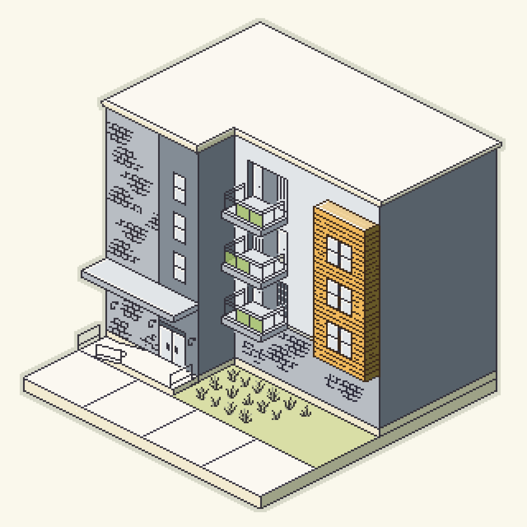 An isometric pixel art portrait of an apartment building in Montreal, Quebec.