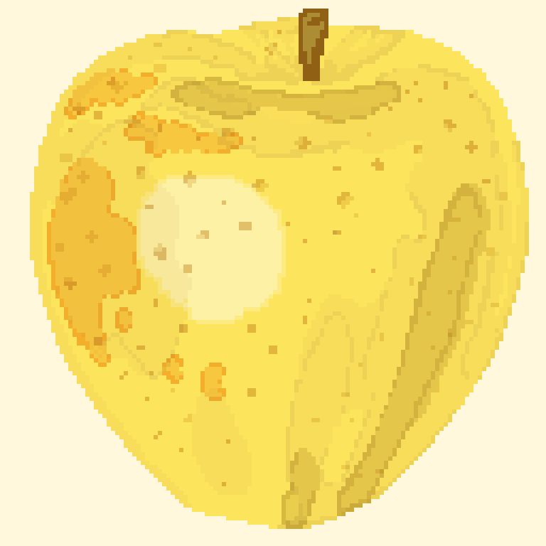 A pixel art representation of a golden delicious apple in a faux watercolor style.